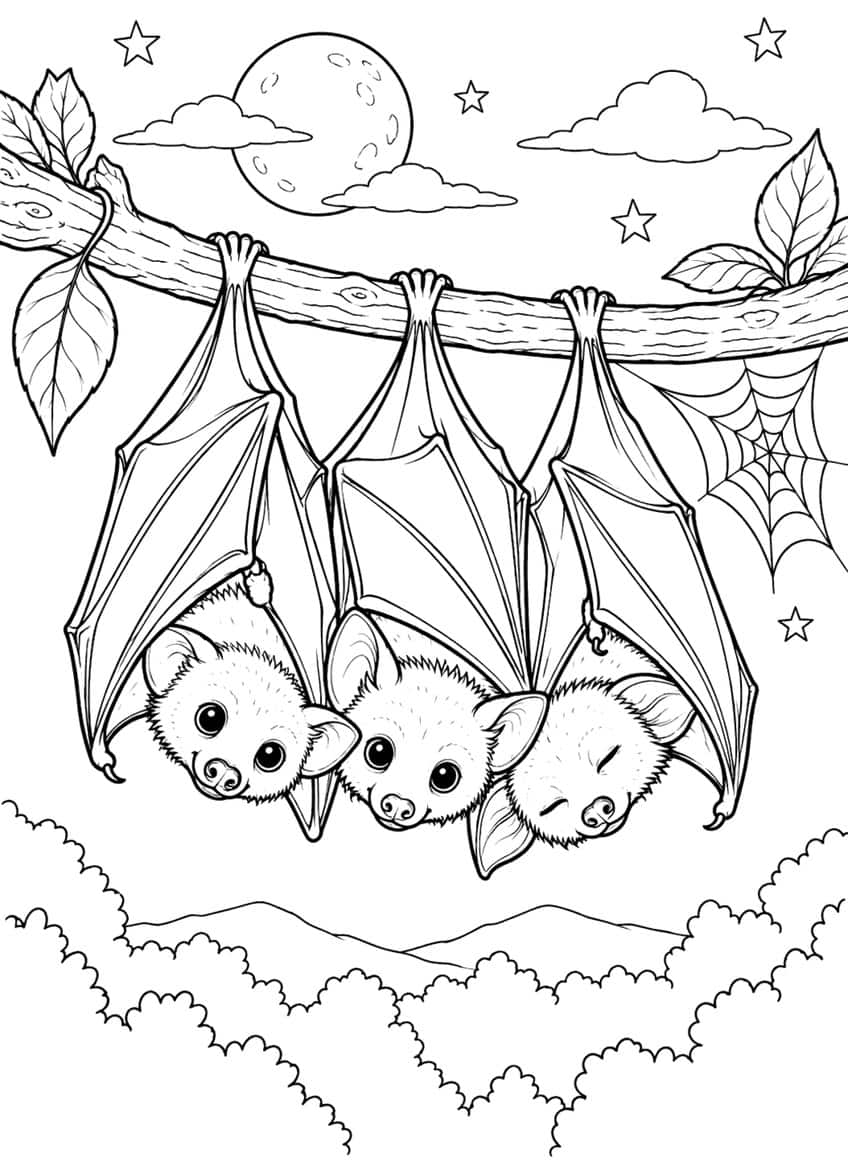 Three cuddling bats hanging from a branch under a full moon with a spider web