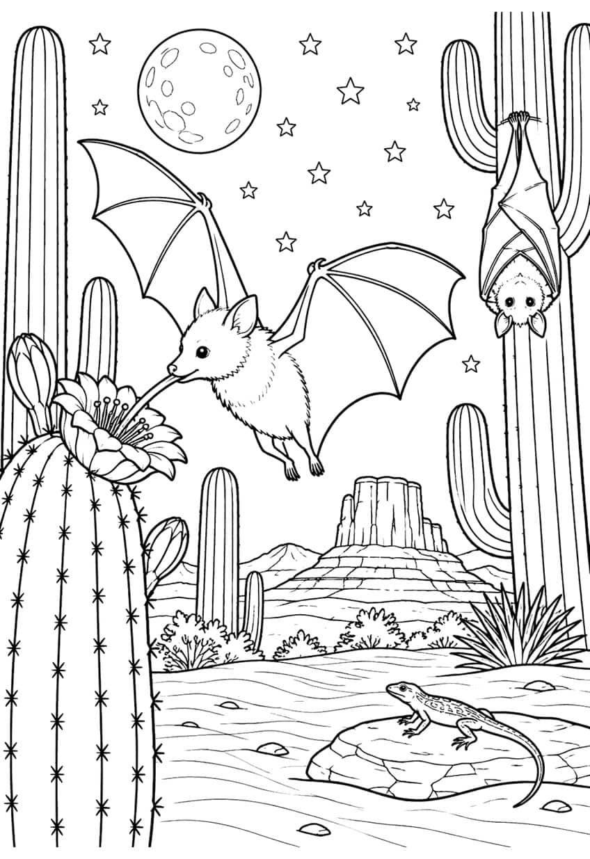 Bat drinking cactus flower nectar, roosting bat, saguaros, desert mesa, lizard on rock