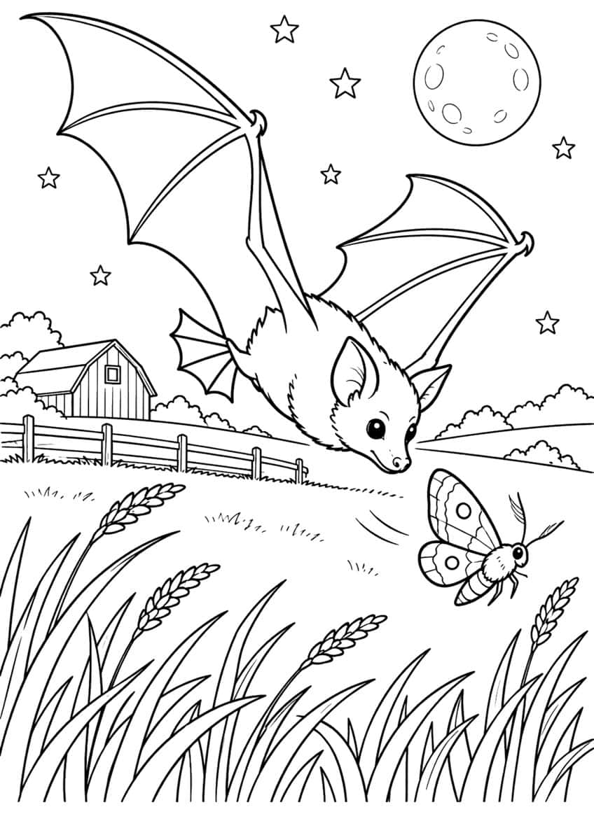 Bat diving toward moth above wheat field with barn and full moon
