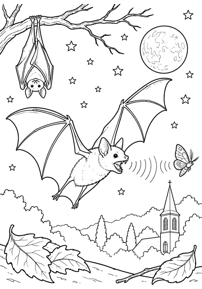 Flying bat with sound waves, moth, sleeping bat, moon, church, leaves