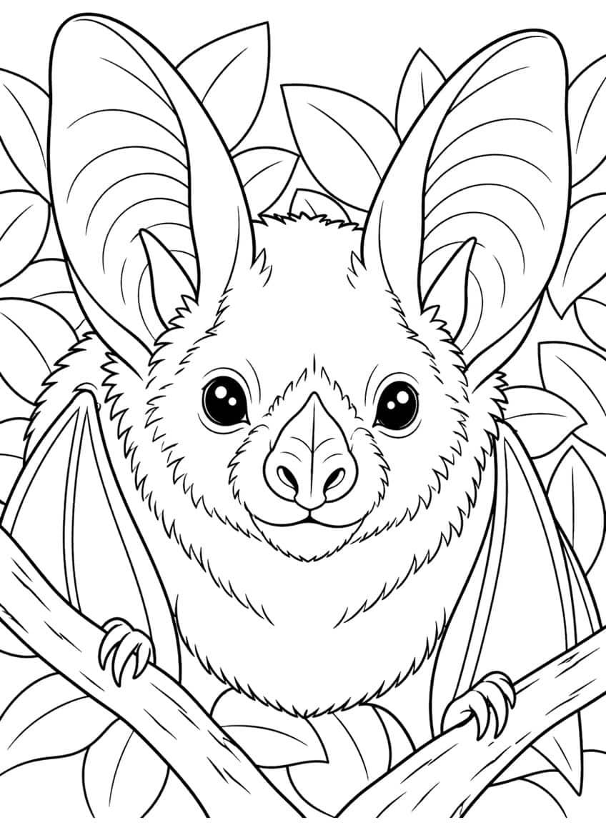 Coloring page of a close-up bat face with large ears, claws on a branch, and leaves