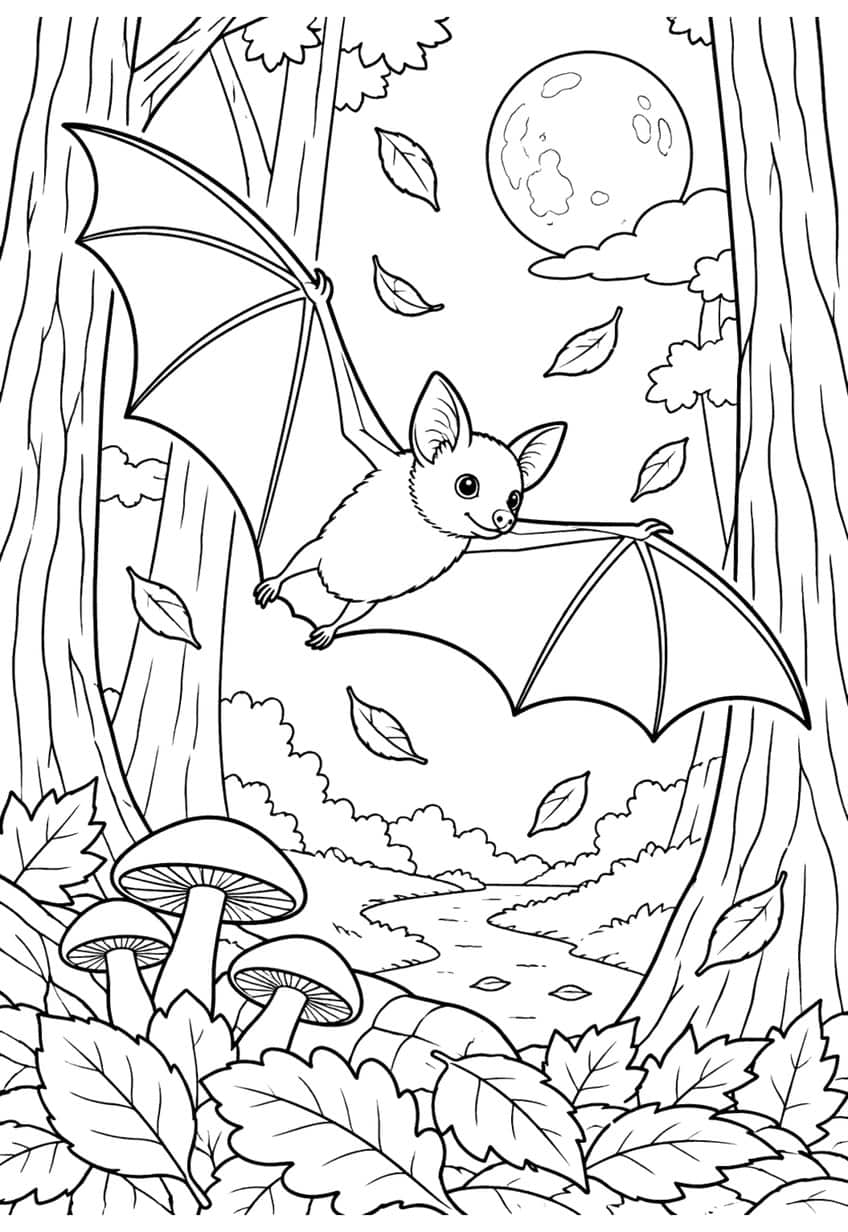 Flying bat, forest trees, full moon, falling leaves, mushrooms
