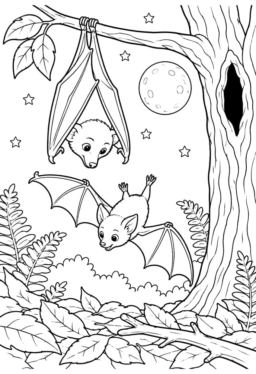 Flying bat and a sleeping bat hanging from a tree, moon, stars, ferns