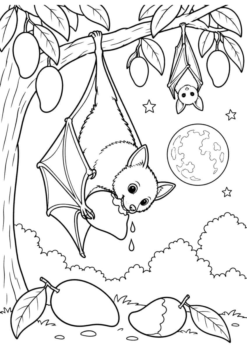 Two bats hanging in a mango tree eating fruit under a full moon