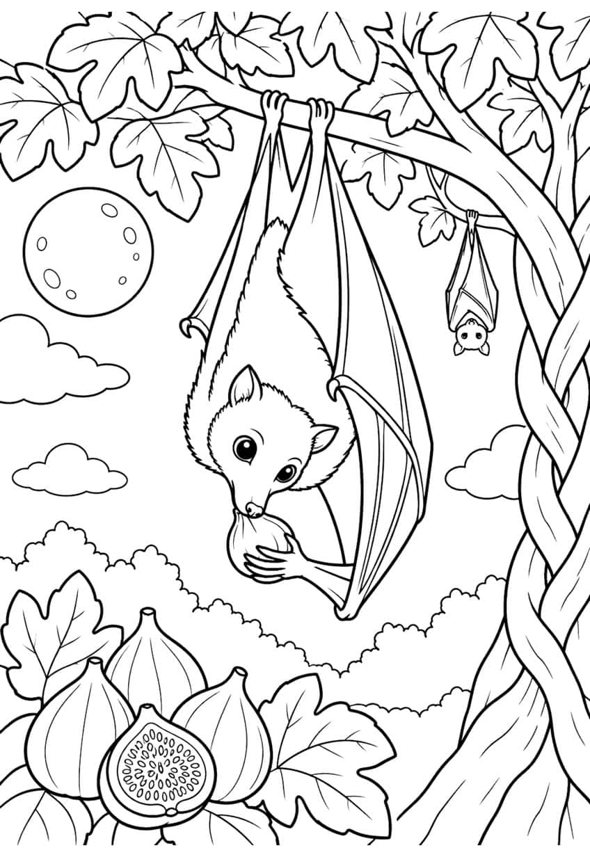 Bat eating a fig on a vine, moon, clouds, second bat, sliced figs below