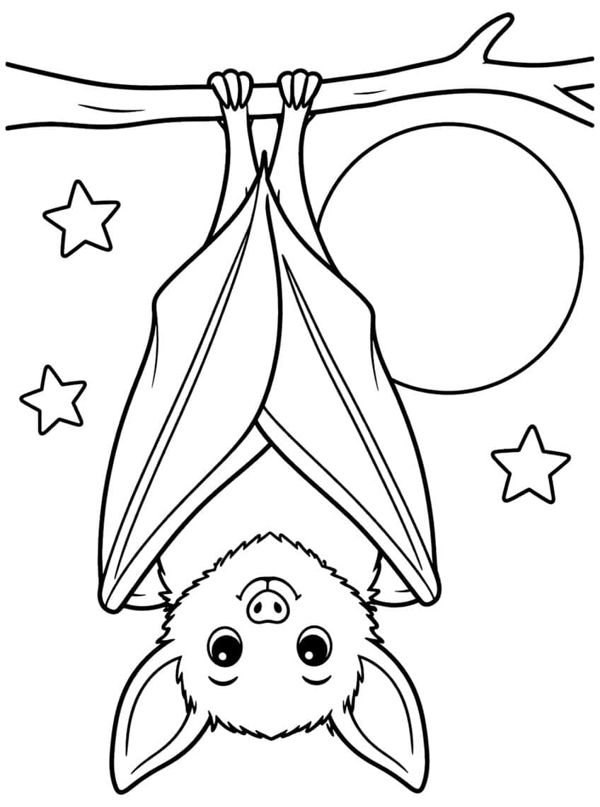 Cute bat hanging upside down from a branch with moon and stars