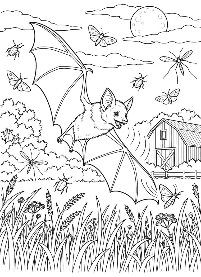 Bat flying with mouth open among moths and beetles near a barn and full moon