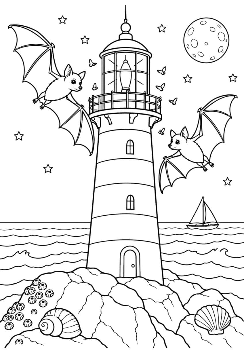 Two bats flying around a lighthouse with moon, sailboat, shells and barnacles on rocks