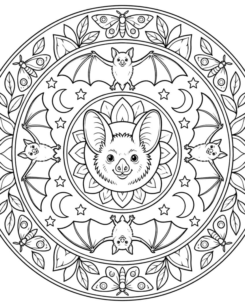 Mandala coloring page with a central bat face, four bats, moths, stars and leaves