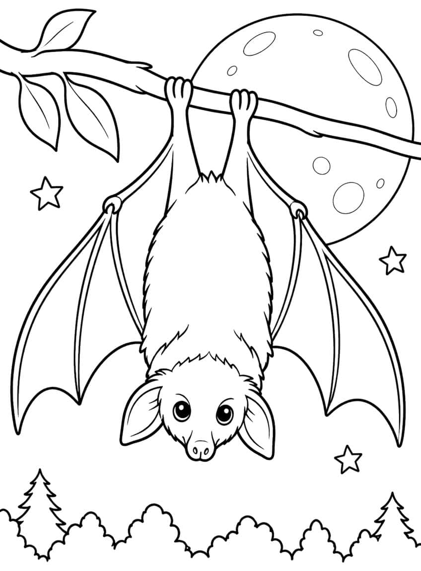 Bat hanging from a branch in front of a full moon with stars and trees