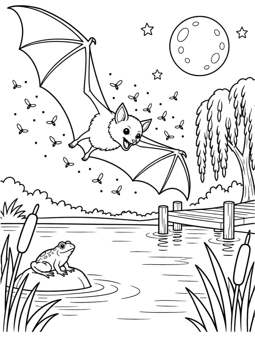 Bat catching mosquitoes above pond with frog on rock and dock