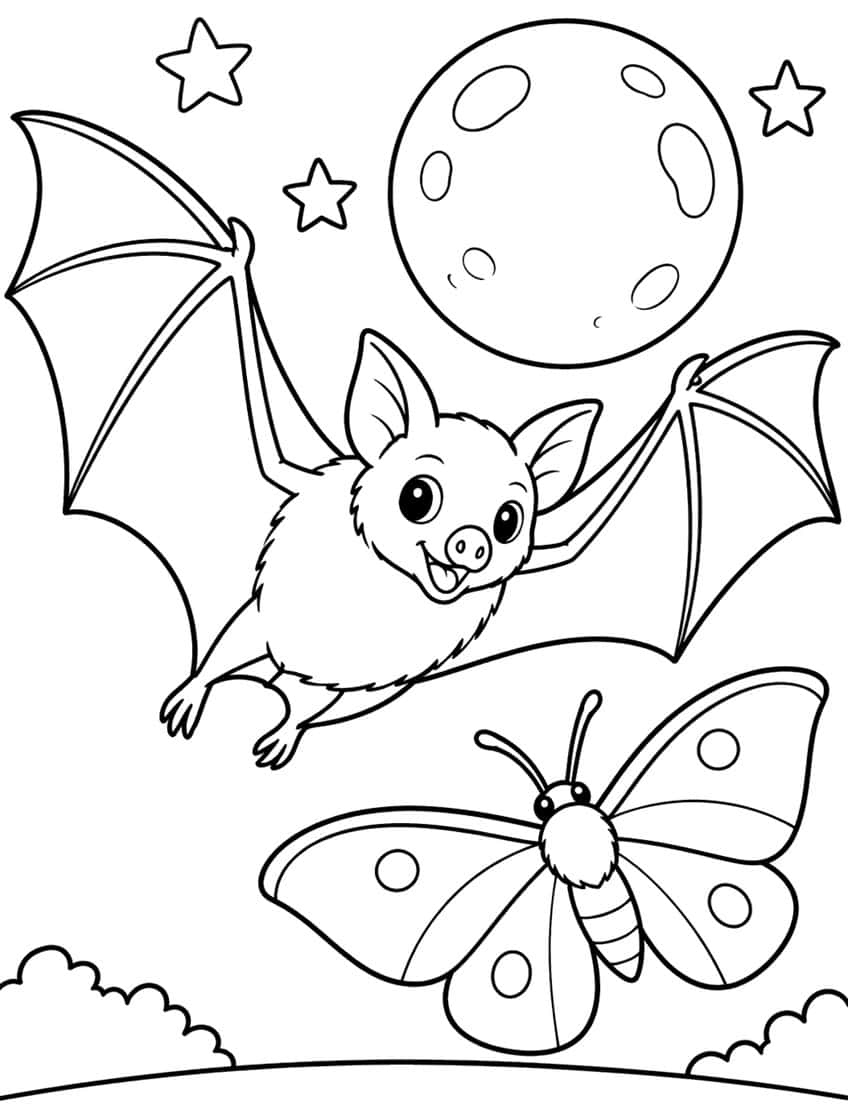 Smiling cartoon bat flying next to a spotted moth under a full moon