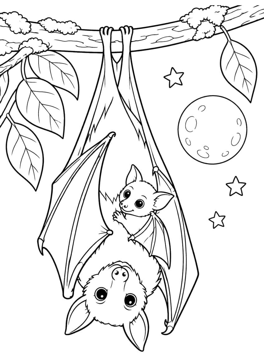Mother bat hanging upside down from branch with baby bat clinging to her, moon and stars