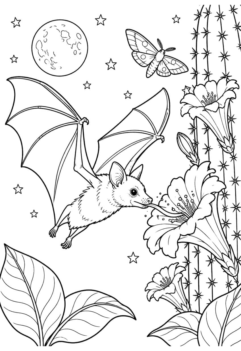 Nectar-feeding bat, cactus with flowers, moth, full moon, stars