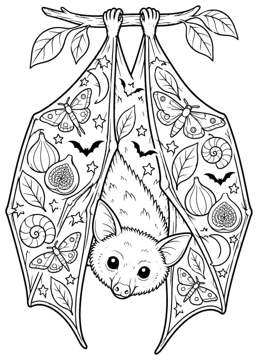 Bat hanging from branch, wings patterned with moths, snails, figs and stars