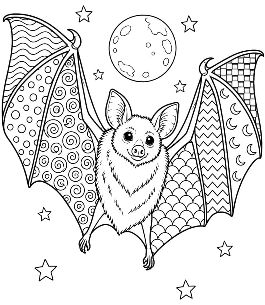 Bat with patterned wing panels under a full moon and stars