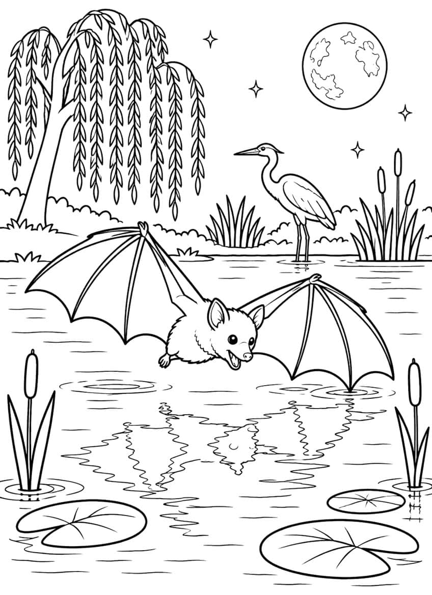 Bat flying over a pond with a heron, cattails, lily pads and a willow tree