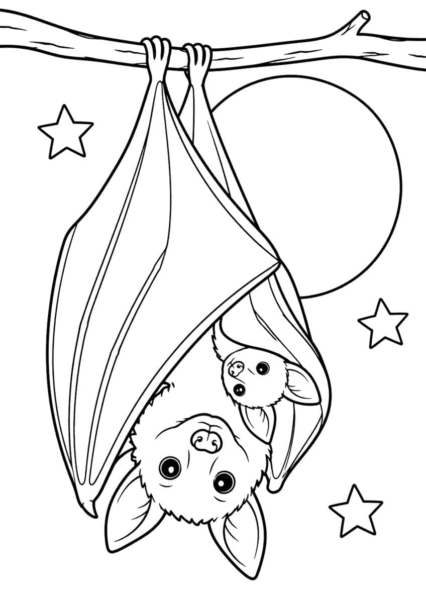 Mother bat hanging on branch with pup peeking out, moon and stars behind