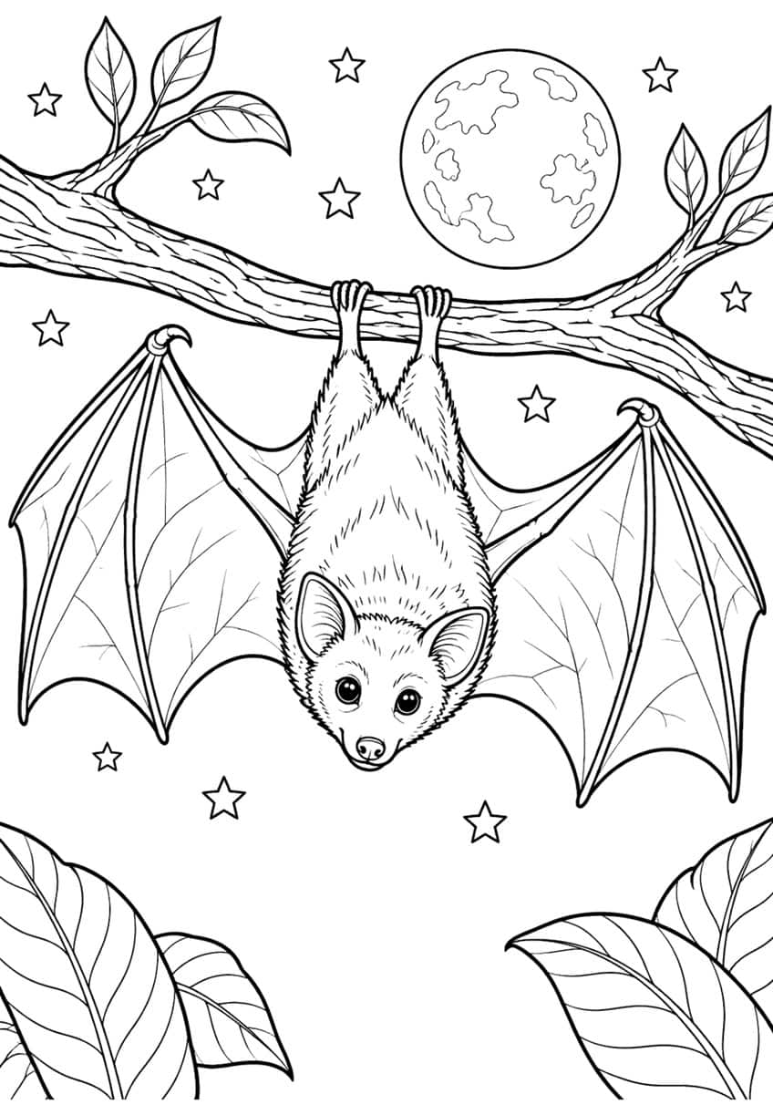 Fruit bat with spread wings hanging from a branch under a full moon and stars