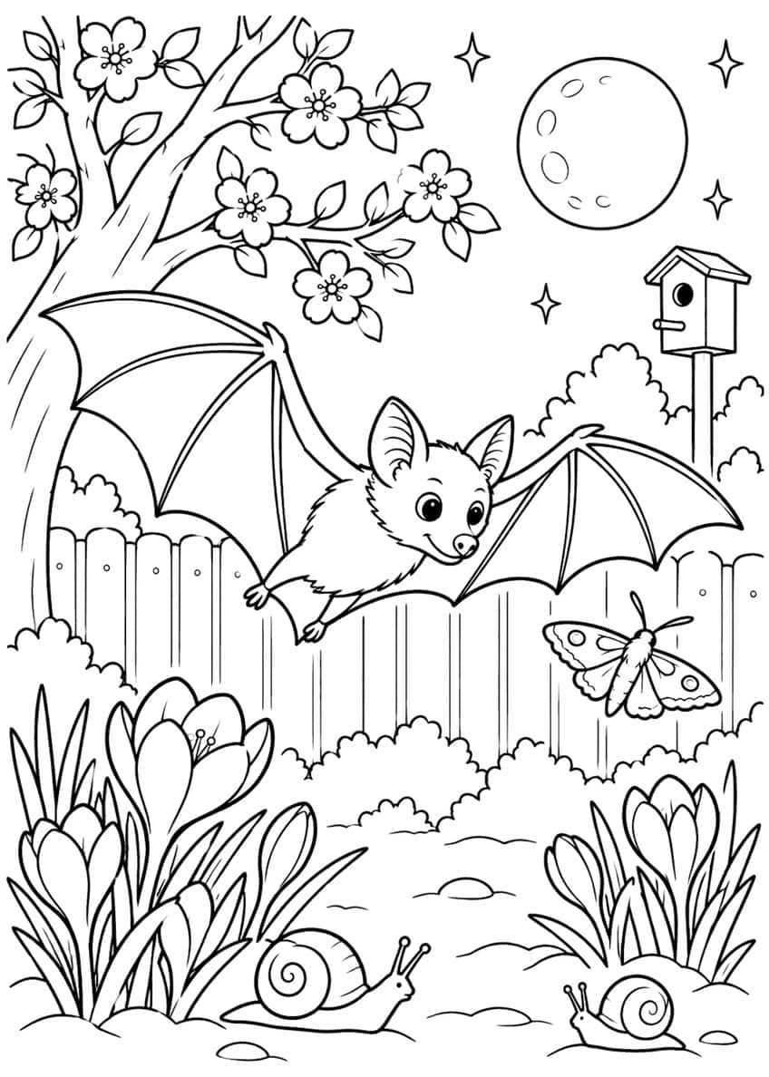 Flying bat, cherry blossoms, birdhouse, moon, moth, crocuses, two snails
