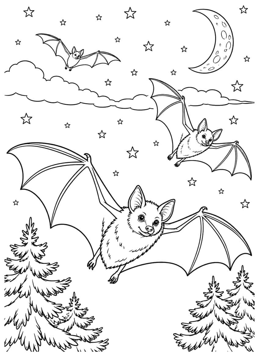 Three bats flying at night with stars, crescent moon and pine trees