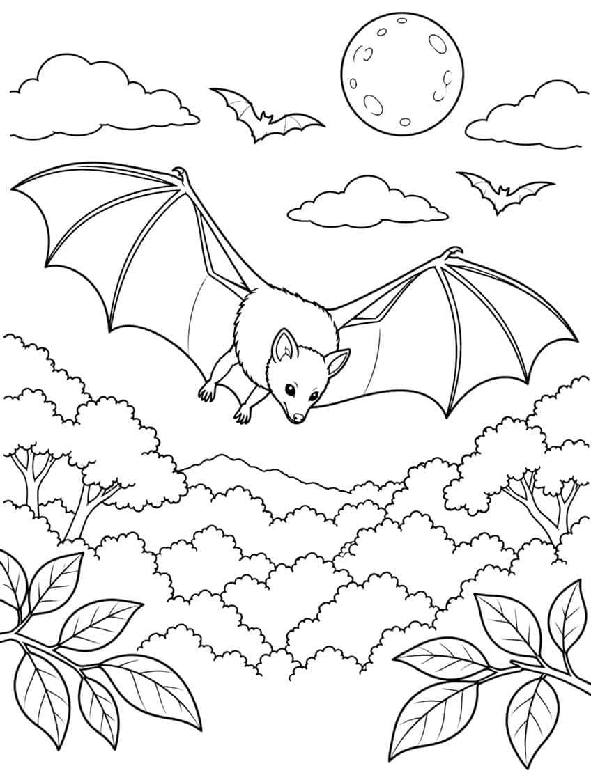 Bat flying over trees under a full moon with clouds and leaf branches