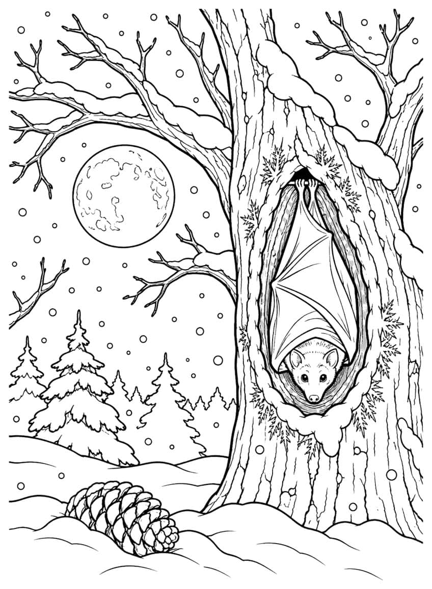 Bat hanging in a tree hollow with full moon, snow, pine trees and pinecone