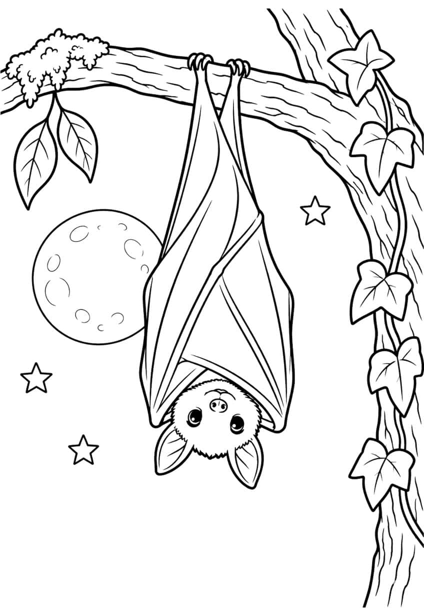 Bat hanging from branch with wings wrapped around body, moon, stars, ivy vine