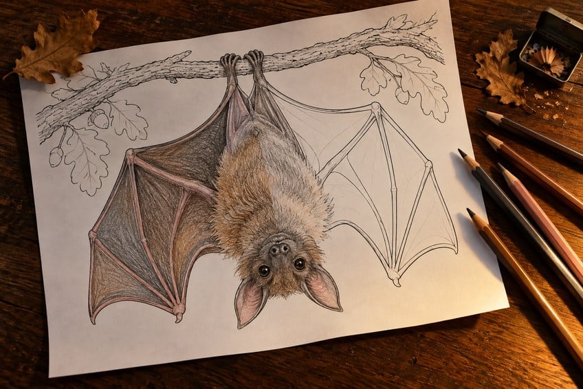 bat coloring page partly colored in with pencils