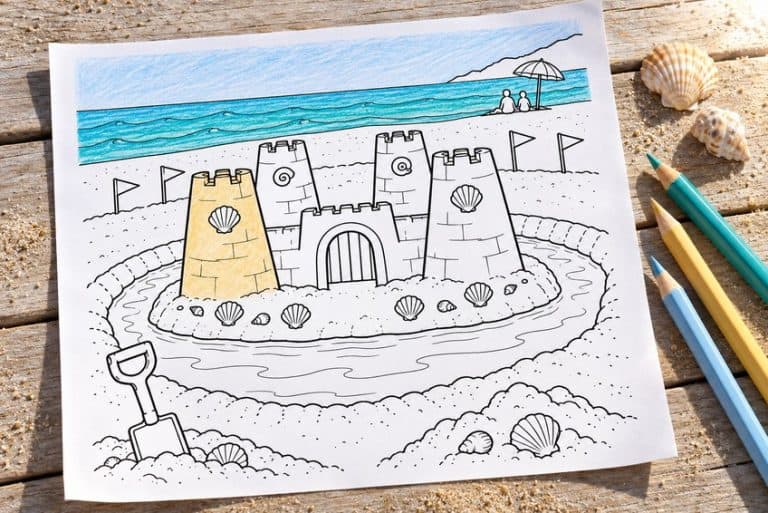 beach coloring page partly colored in with pencils