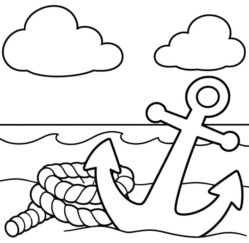 Coloring page of an anchor and a coiled rope in the sand with waves and two clouds