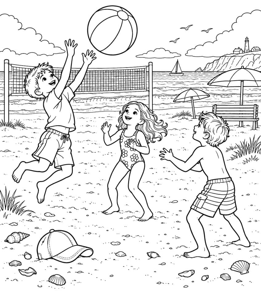 Coloring page of three children playing with a beach ball near a volleyball net on the sand