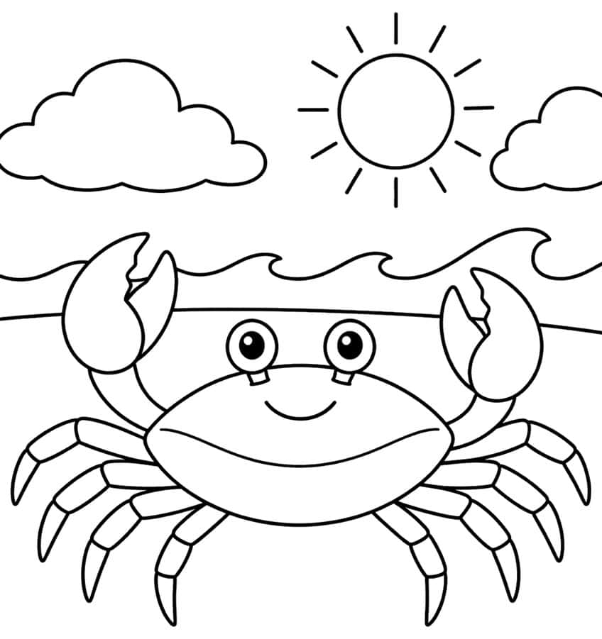 Coloring page of a smiling crab with raised claws on the beach, with waves, clouds and the sun
