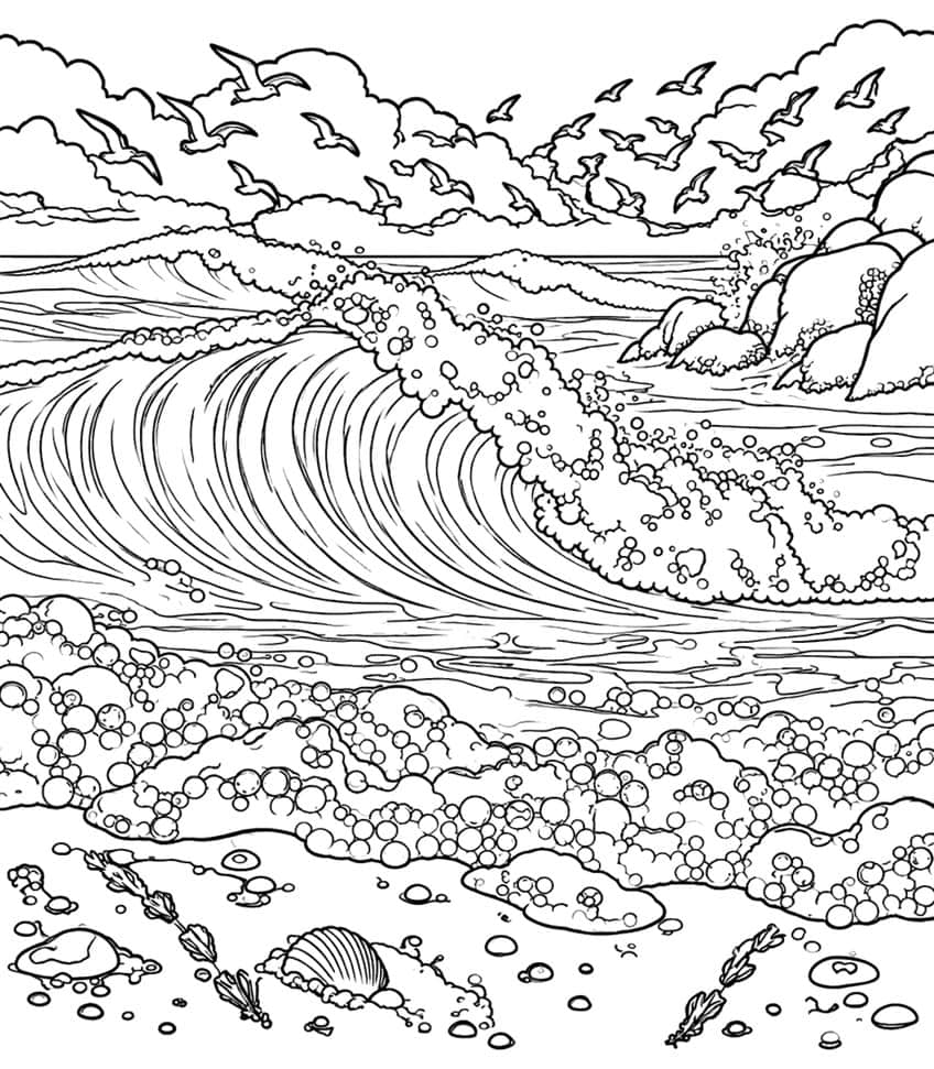 Coloring page of a breaking ocean wave with seagulls, rocks, foam and a seashell on the sand