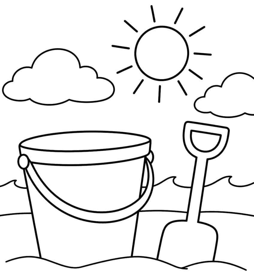 Coloring page of a sand bucket and spade on the beach with waves, clouds and the sun