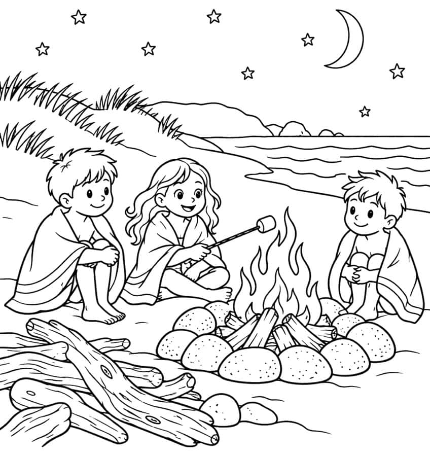 Coloring page of three children toasting marshmallows at a beach campfire under the moon and stars