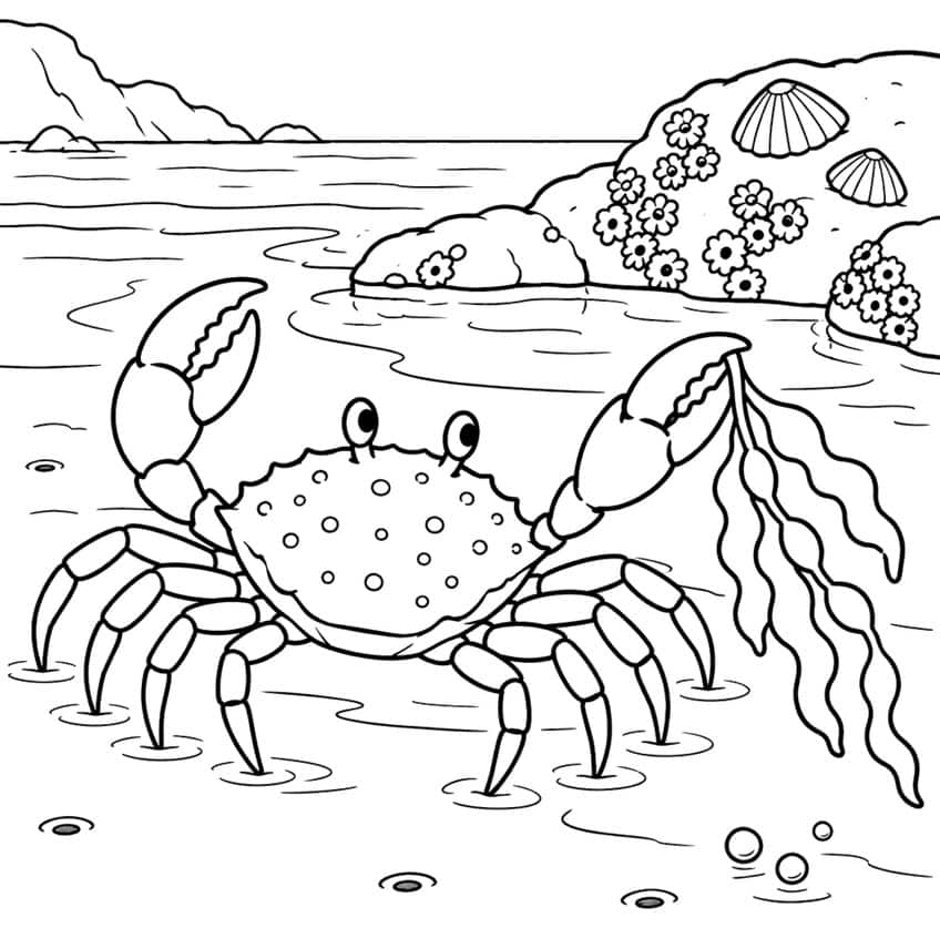 Coloring page of a spotted crab holding seaweed in shallow water beside barnacle-covered rocks