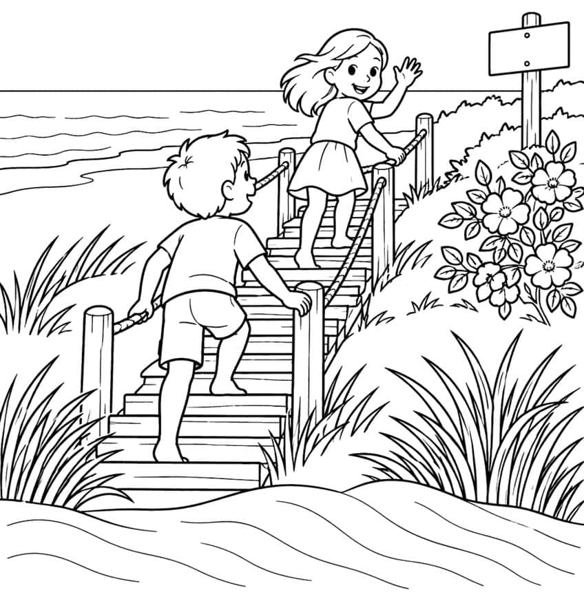 Coloring page of two kids climbing wooden dune stairs toward the sea past beach grass and roses