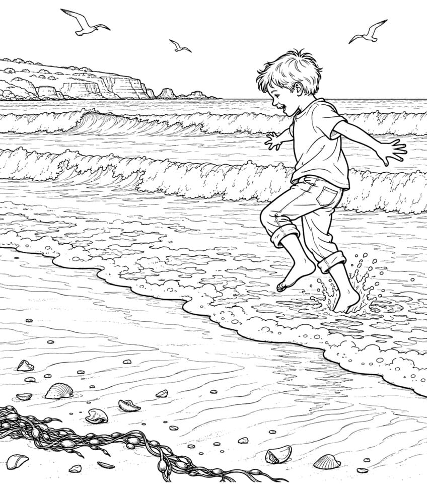 Coloring page of a boy jumping into the surf on a beach with waves, cliffs, seagulls and seashells