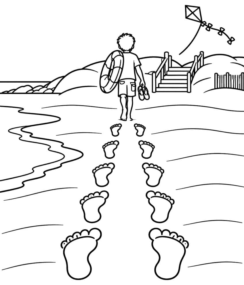 Coloring page of a boy walking up a beach toward dune stairs, footprints in the sand and a kite