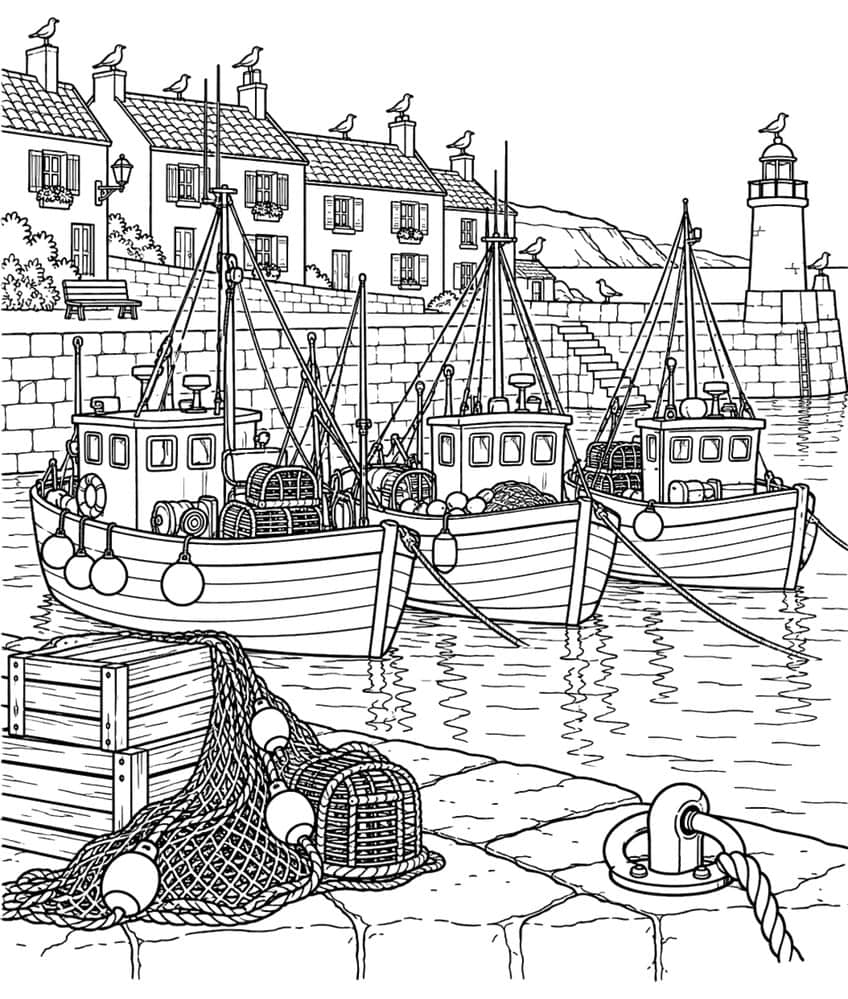Coloring page of three fishing boats in a harbor with cottages, lighthouse, seagulls and fishing nets
