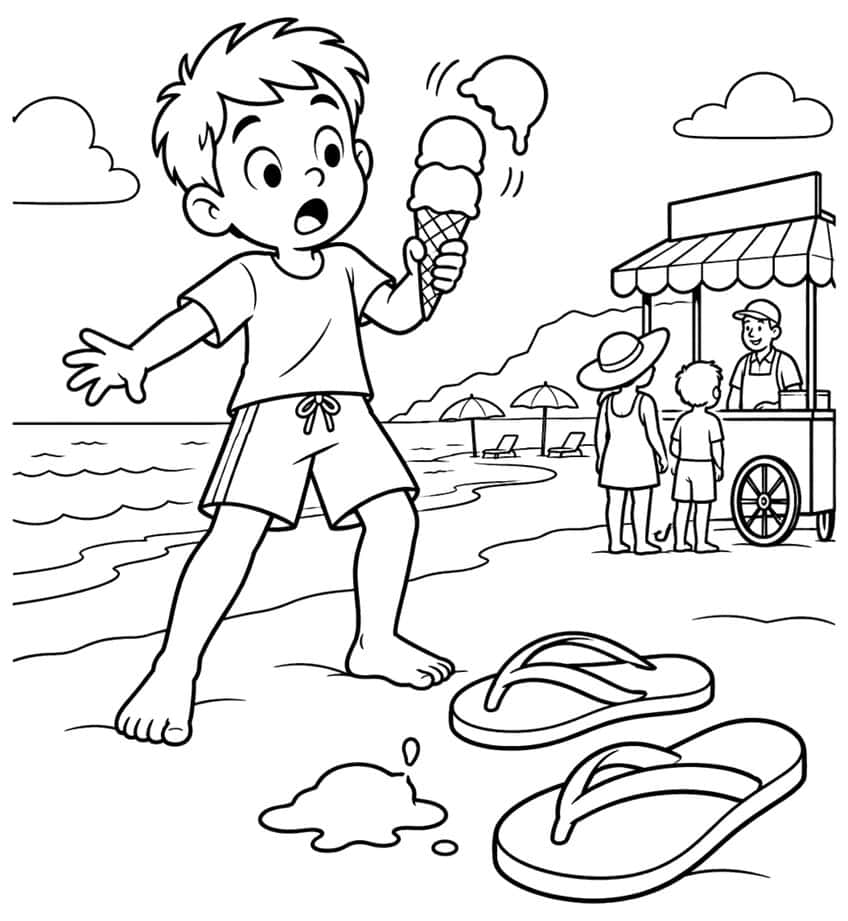 Coloring page of a surprised boy losing an ice cream scoop on the beach near an ice cream cart