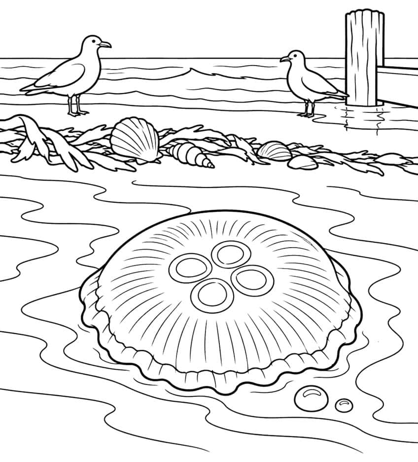 Coloring page of a moon jellyfish stranded on the beach, with seaweed, shells and two seagulls