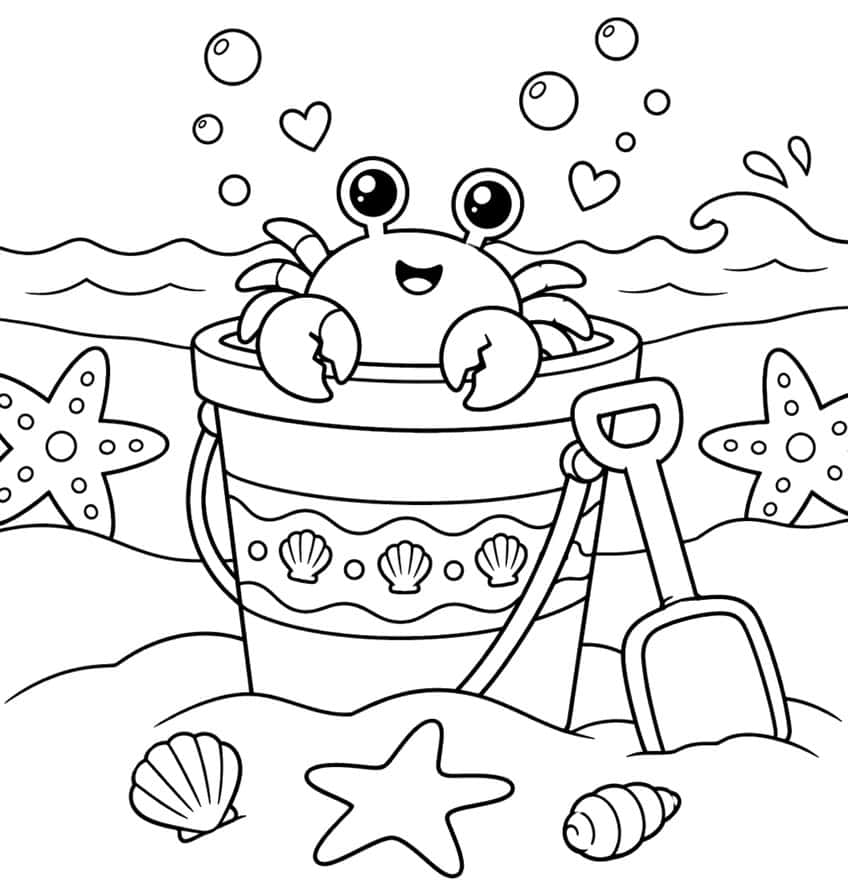 Coloring page of a cute crab in a shell-patterned sand bucket with a shovel, starfish and seashells