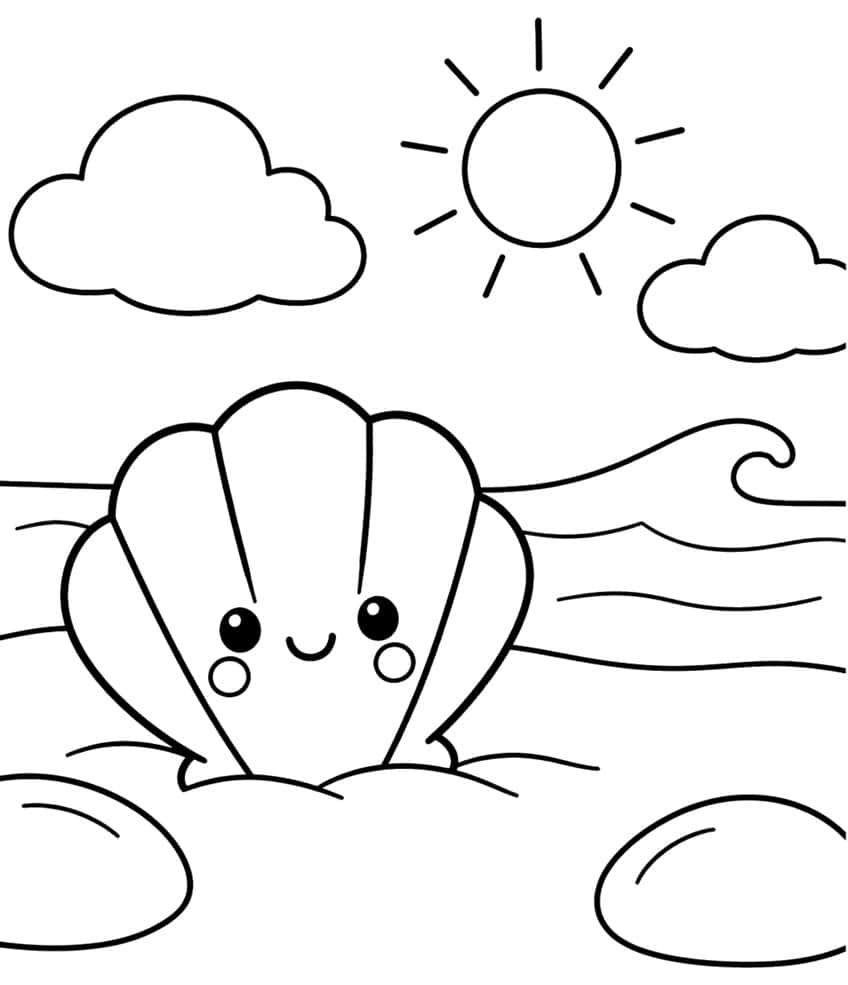 Coloring page of a cute smiling scallop shell on the beach with waves, sun, and clouds