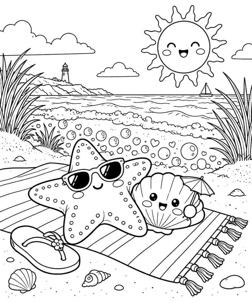 Kawaii coloring page of a starfish in sunglasses and a smiling shell on a beach towel