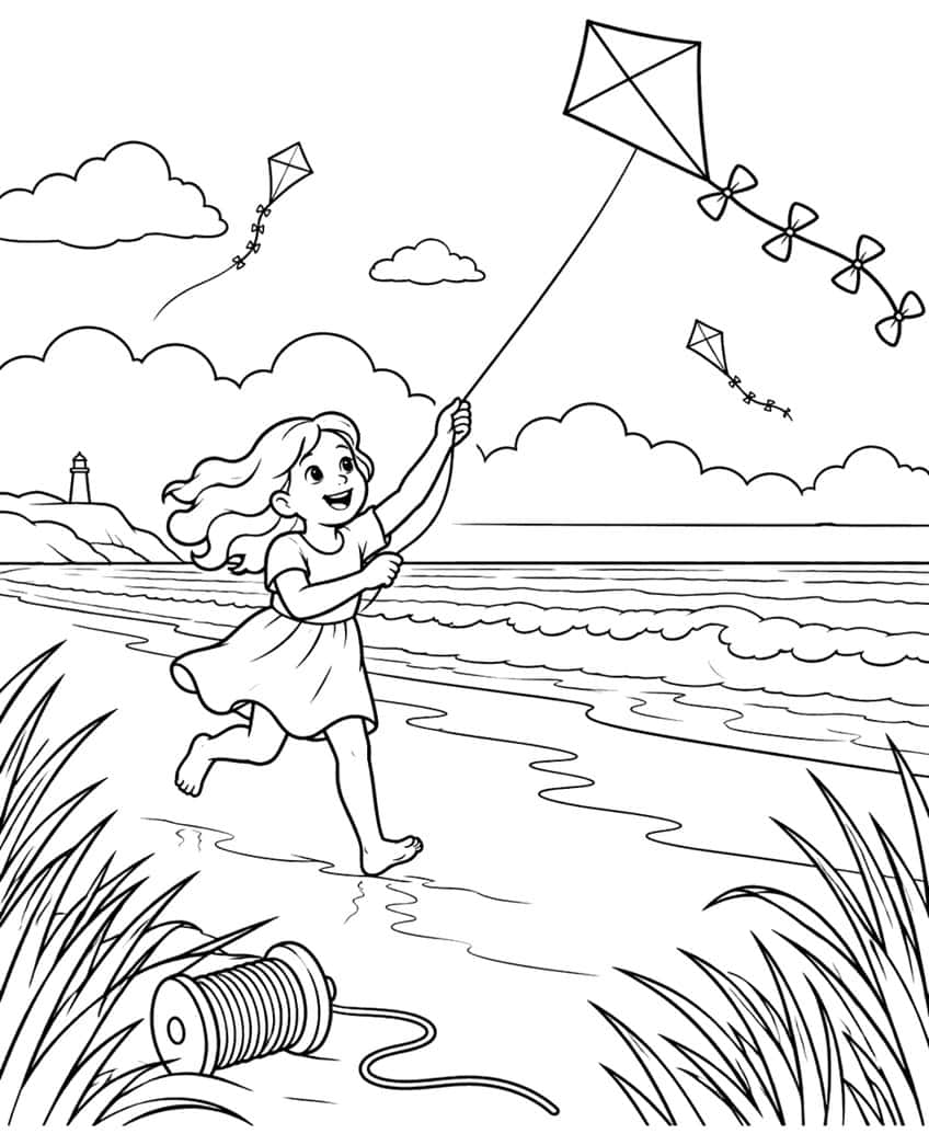 Coloring page of a girl running on the beach with a kite, a lighthouse and a string spool in the grass