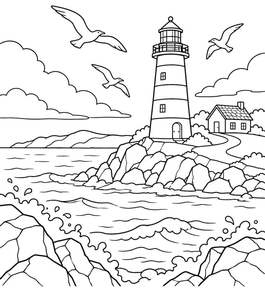 Coloring page of a striped lighthouse on coastal rocks with a cottage, seagulls and waves