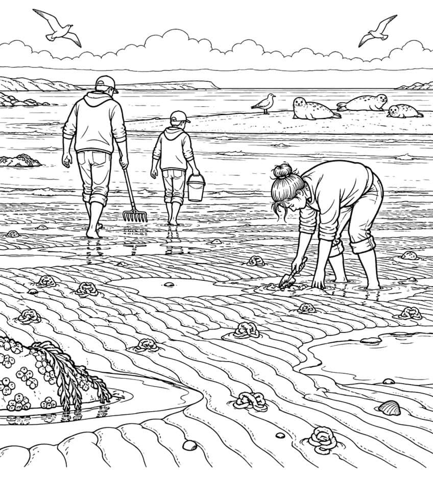 Coloring page of a family digging on the mudflats at low tide, with seals on a sandbar
