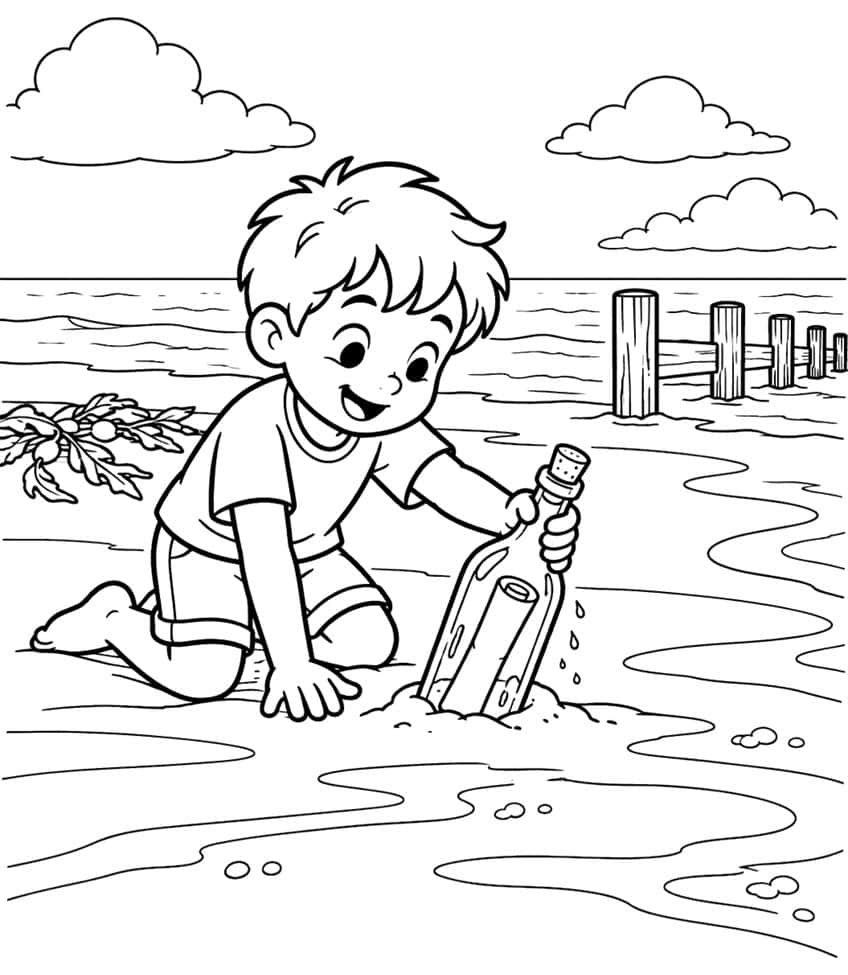 Coloring page of a boy on the beach pulling a message in a bottle out of the sand